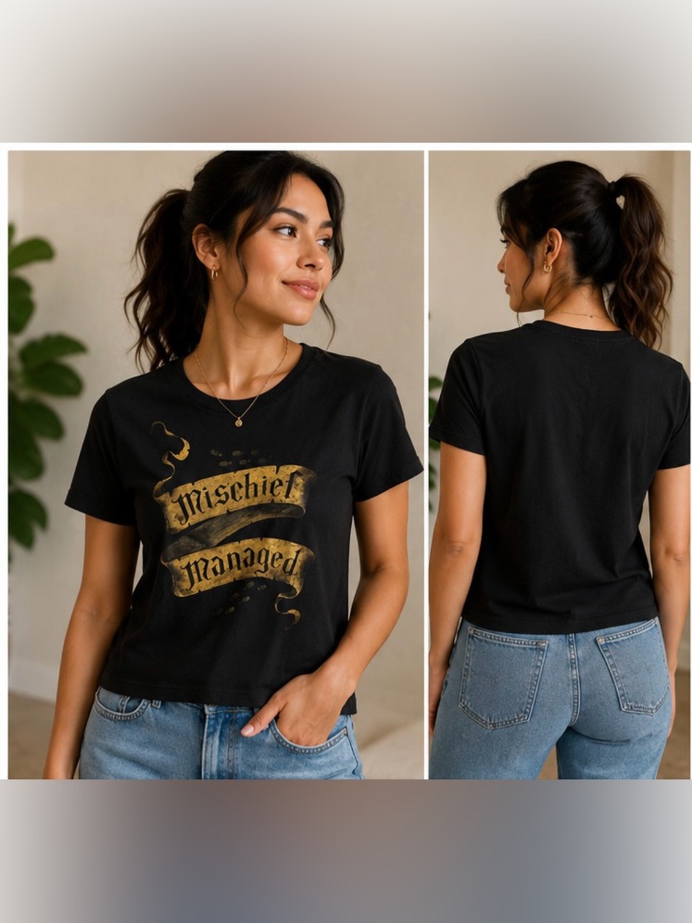 Harry Potter Mischief Managed Graphic Tee Women’s Medium Black Gold Foil Shirt